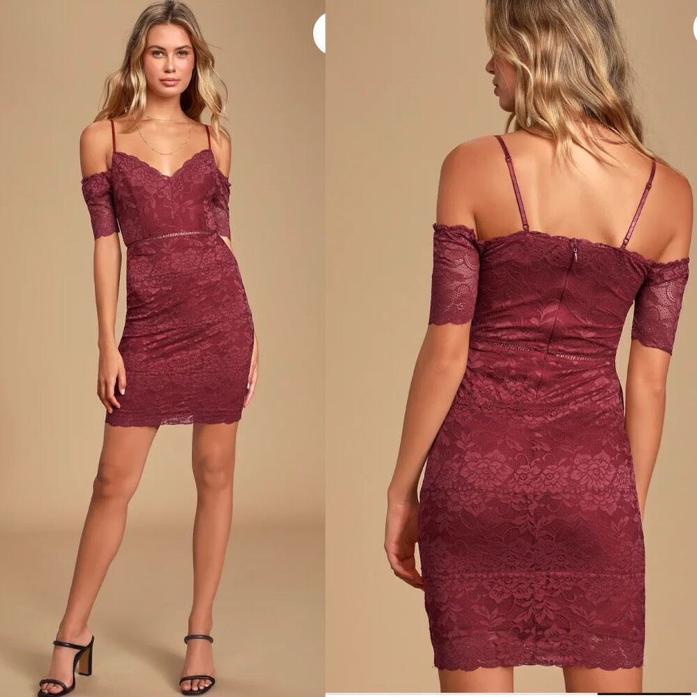 Lulus One More Kiss Wine Red Lace Cold Shoulder Bodycon Dress Medium